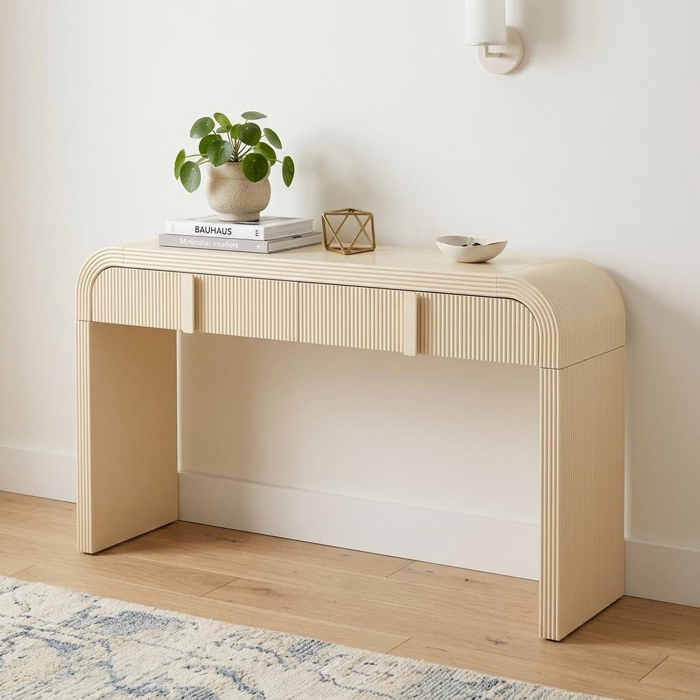 55" Cream Wood Round Double Pedestal Console Table With Two Drawers
