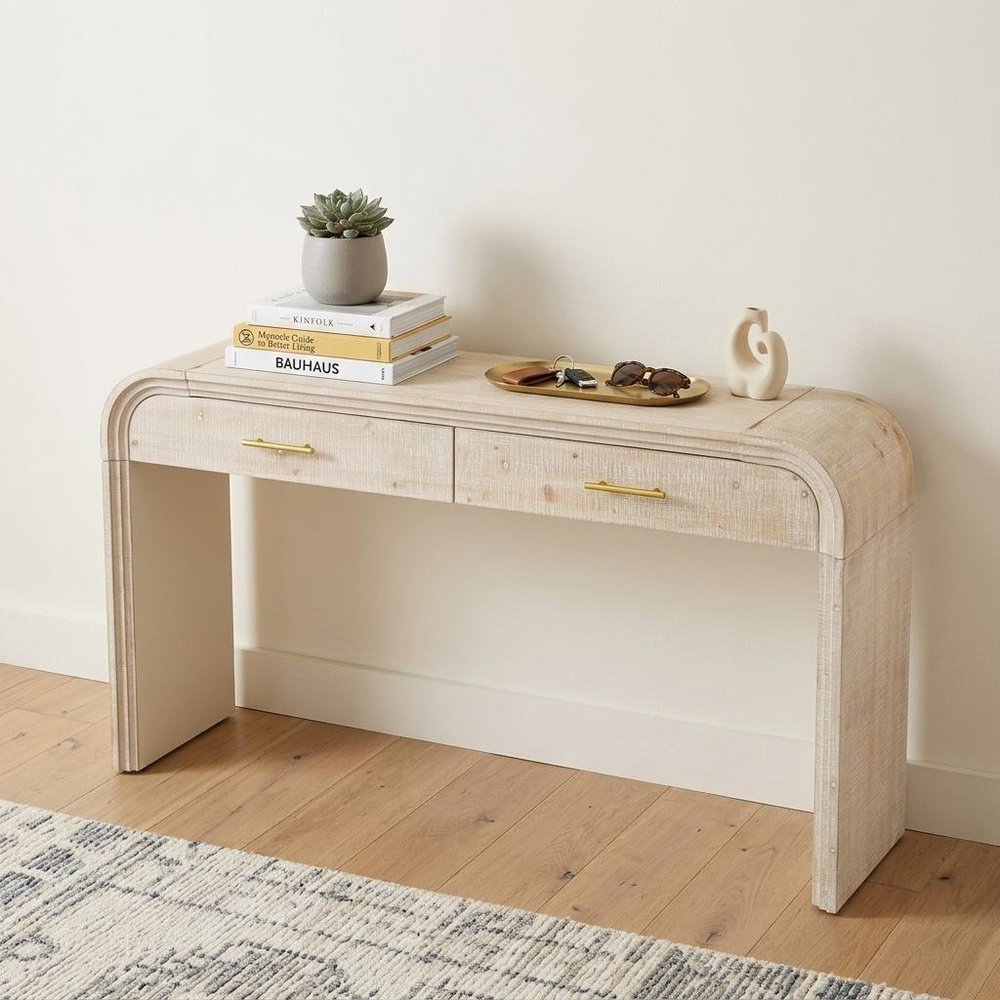 59" Natural Wood Distressed Double Pedestal Console Table With Two Drawers