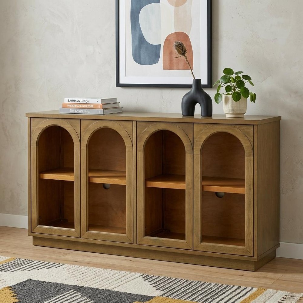 58" Navy Blue Wood Sideboard With Four Glass Doors