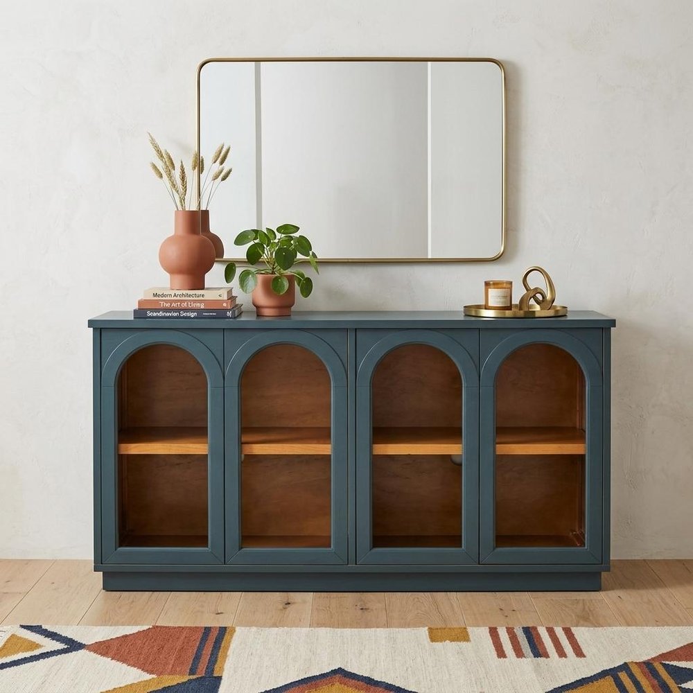 58" Navy Blue Wood Sideboard With Four Glass Doors