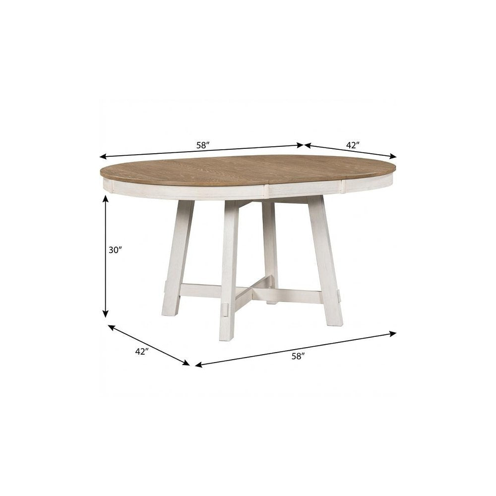 58" Oak And Antiqued White Wood Removable Leaf Cross Leg Base Oval Extendable Dining Table