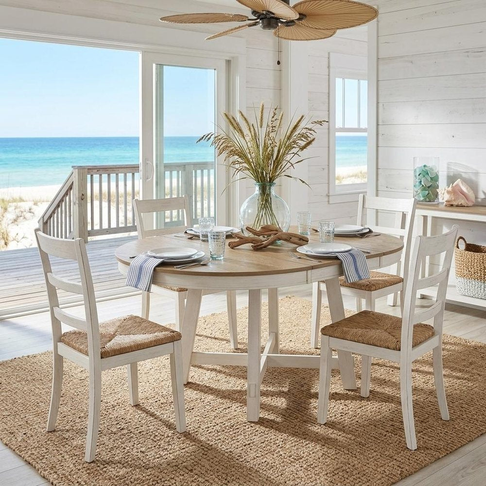 58" Oak And Antiqued White Wood Removable Leaf Cross Leg Base Oval Extendable Dining Table