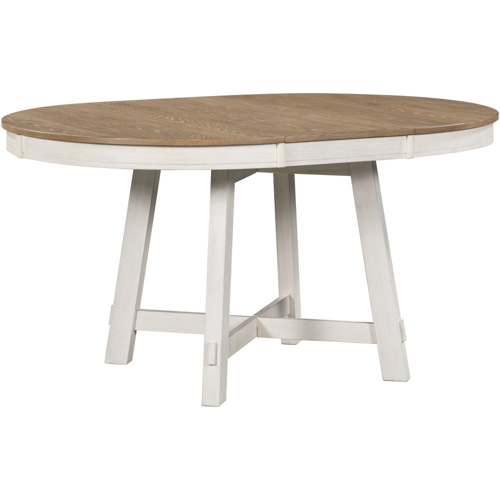 58" Oak And Antiqued White Wood Removable Leaf Cross Leg Base Oval Extendable Dining Table
