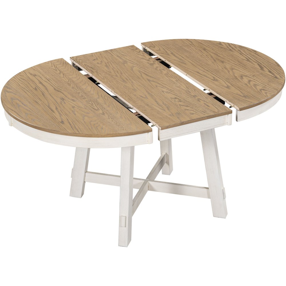 58" Oak And Antiqued White Wood Removable Leaf Cross Leg Base Oval Extendable Dining Table