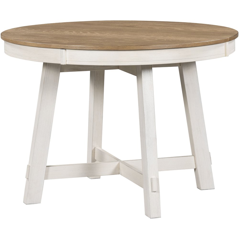 58" Oak And Antiqued White Wood Removable Leaf Cross Leg Base Oval Extendable Dining Table