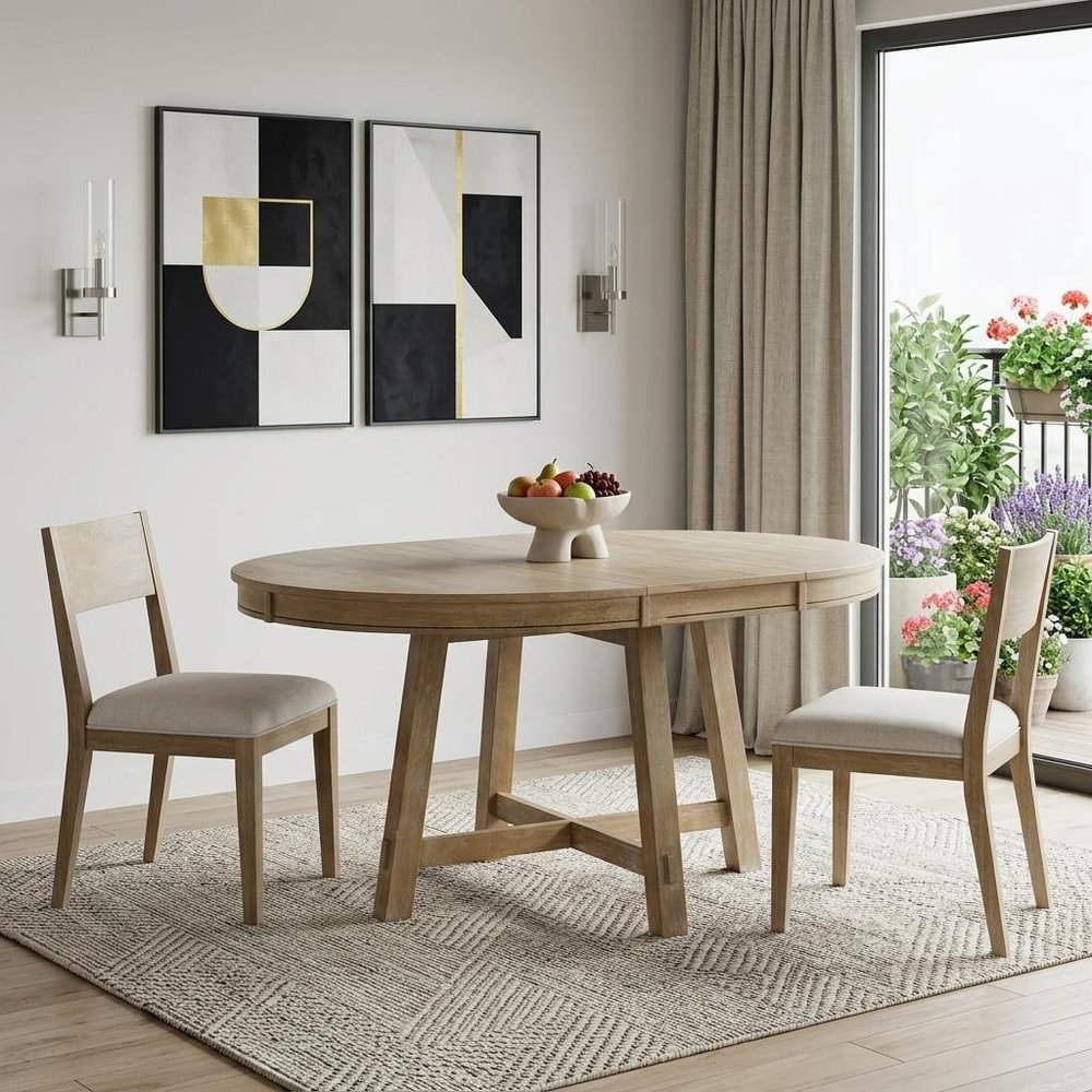 58" Oak And Antiqued White Wood Removable Leaf Cross Leg Base Oval Extendable Dining Table