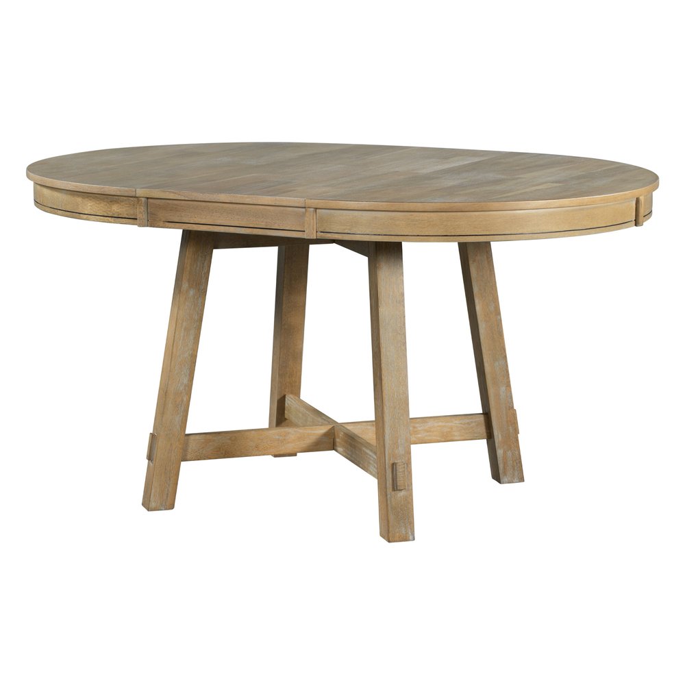 58" Oak And Antiqued White Wood Removable Leaf Cross Leg Base Oval Extendable Dining Table