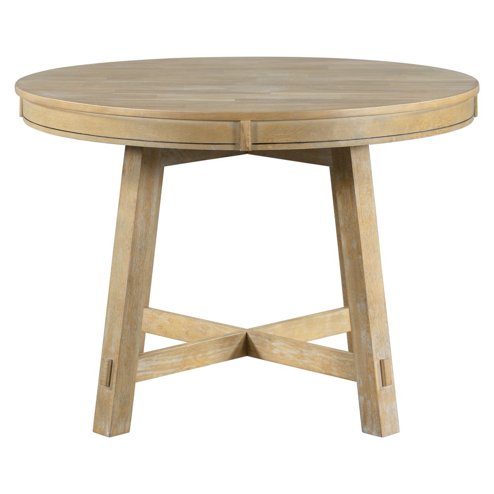 58" Oak And Antiqued White Wood Removable Leaf Cross Leg Base Oval Extendable Dining Table