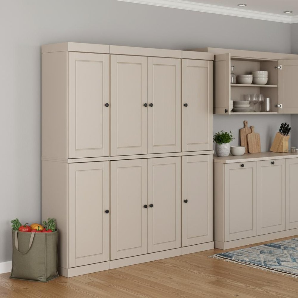 72" Beige Solid Wood 8 Two Drawer Pantry Or Storage Closet