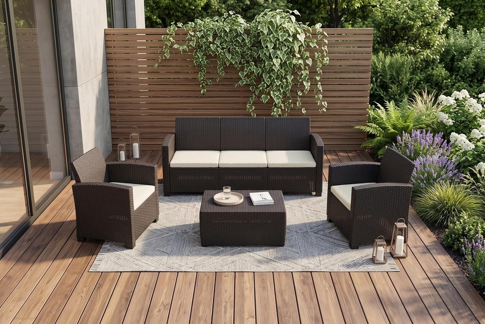 Four Piece Espresso and Beige Plastic Upholstered Cushions Sofa Seating Group With Table