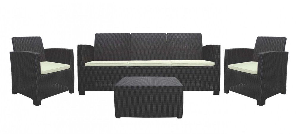 Four Piece Espresso and Beige Plastic Upholstered Cushions Sofa Seating Group With Table