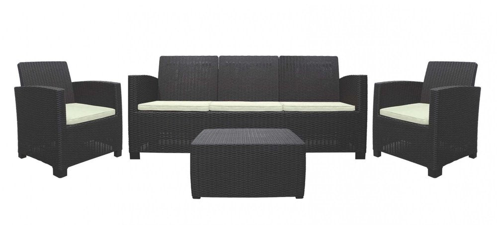 Four Piece Espresso and Beige Plastic Upholstered Cushions Sofa Seating Group With Table