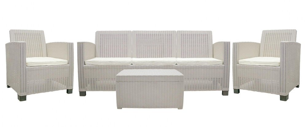 Four Piece Taupe and Beige Plastic Upholstered Cushions Sectional Seating Group With Table