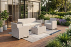 Four Piece Taupe and Beige Plastic Upholstered Cushions Sectional Seating Group With Table