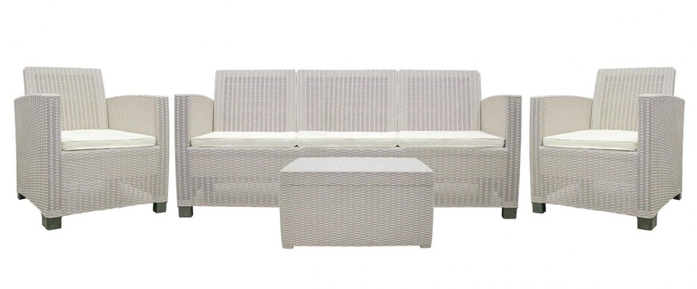 Four Piece Taupe and Beige Plastic Upholstered Cushions Sectional Seating Group With Table