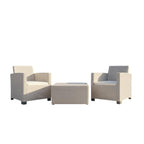 Three Piece Taupe and Beige Plastic Upholstered Cushions Two Person Seating Group With Table