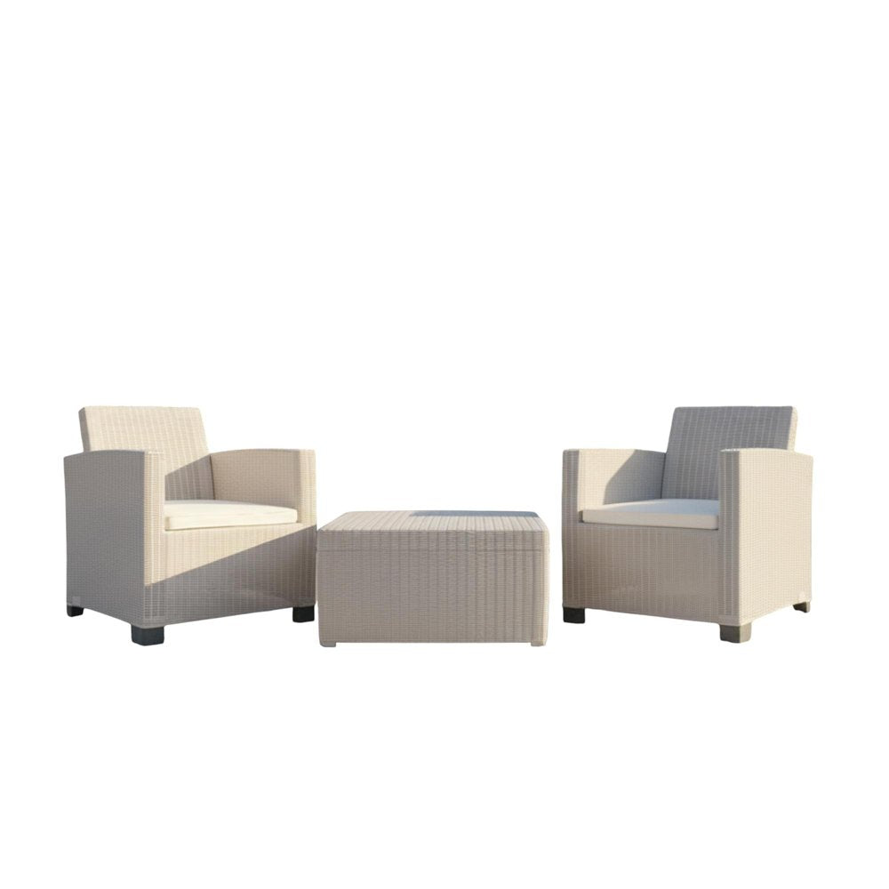 Three Piece Taupe and Beige Plastic Upholstered Cushions Two Person Seating Group With Table
