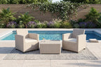 Three Piece Taupe and Beige Plastic Upholstered Cushions Two Person Seating Group With Table