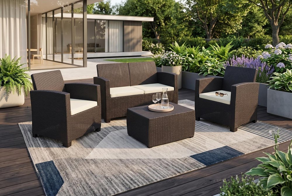 Four Piece Espresso and Beige Plastic Upholstered Cushions Sectional Seating Group With Table