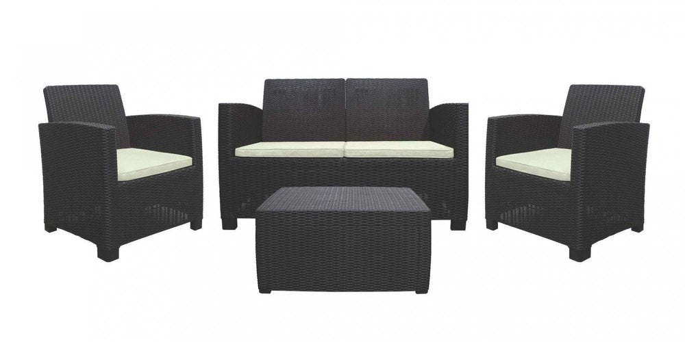 Four Piece Espresso and Beige Plastic Upholstered Cushions Sectional Seating Group With Table
