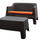 Four Piece Espresso and Beige Plastic Upholstered Cushions Outdoor Patio Set With Table