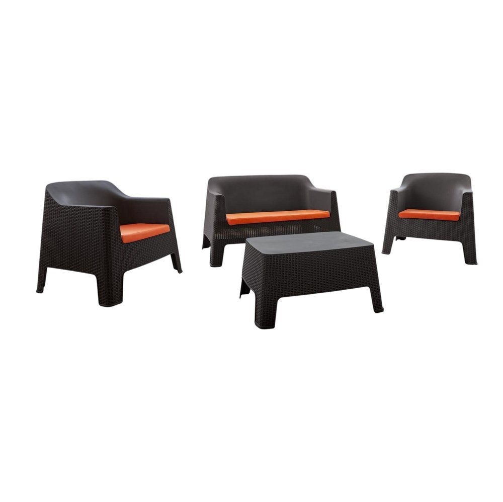 Four Piece Espresso and Beige Plastic Upholstered Cushions Outdoor Patio Set With Table