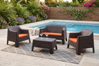 Four Piece Espresso and Beige Plastic Upholstered Cushions Outdoor Patio Set With Table