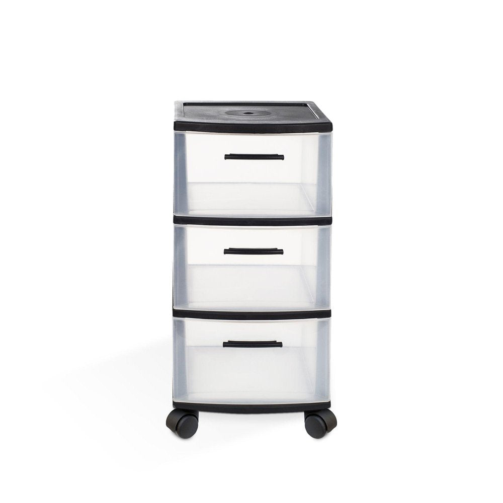 13" Black And Clear Heavy Duty Plastic Three Drawer Rolling Storage Cabinet