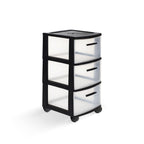 13" Black And Clear Heavy Duty Plastic Three Drawer Rolling Storage Cabinet