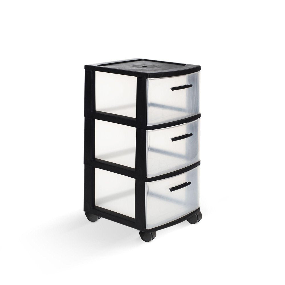 13" Black And Clear Heavy Duty Plastic Three Drawer Rolling Storage Cabinet