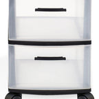 13" Black And Clear Heavy Duty Plastic Three Drawer Rolling Storage Cabinet
