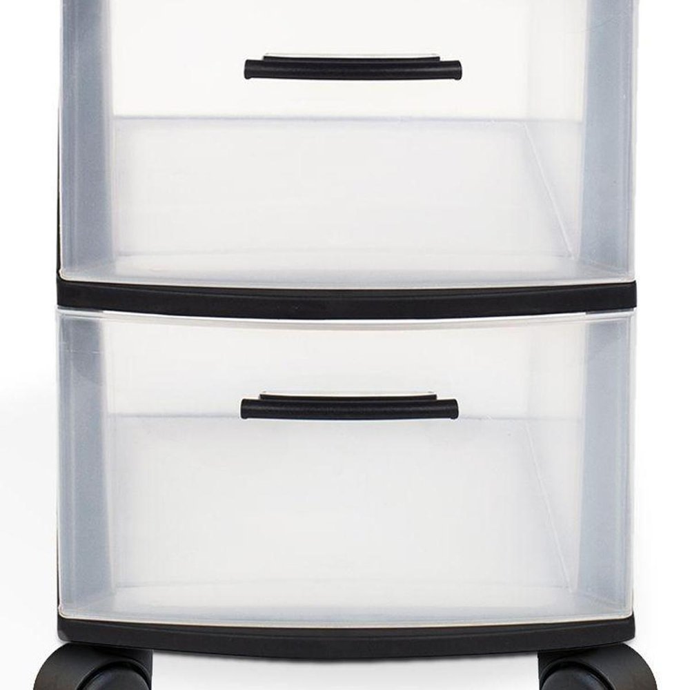 13" Black And Clear Heavy Duty Plastic Three Drawer Rolling Storage Cabinet