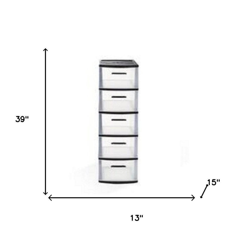 13" Black And Clear Heavy Duty Plastic Five Drawer Storage Cabinet