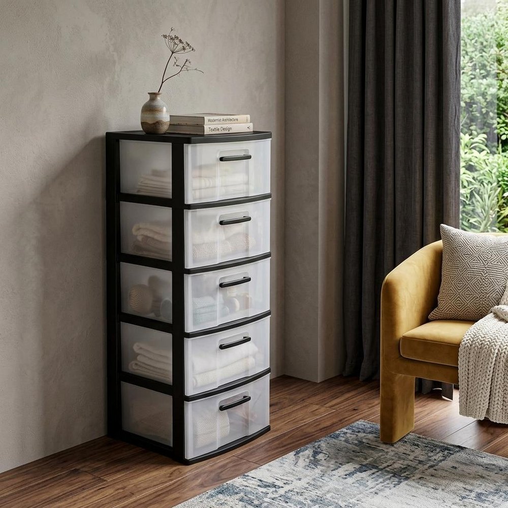13" Black And Clear Heavy Duty Plastic Five Drawer Storage Cabinet