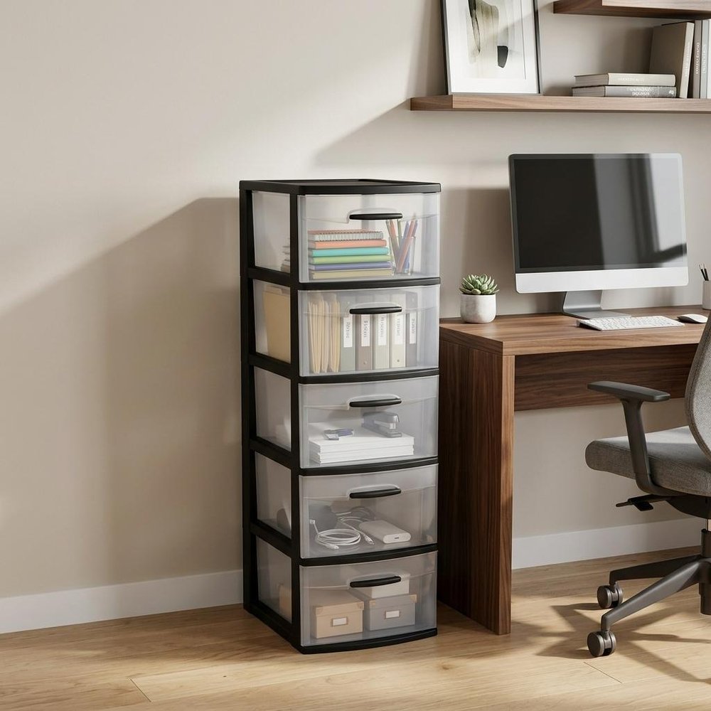 13" Black And Clear Heavy Duty Plastic Five Drawer Storage Cabinet