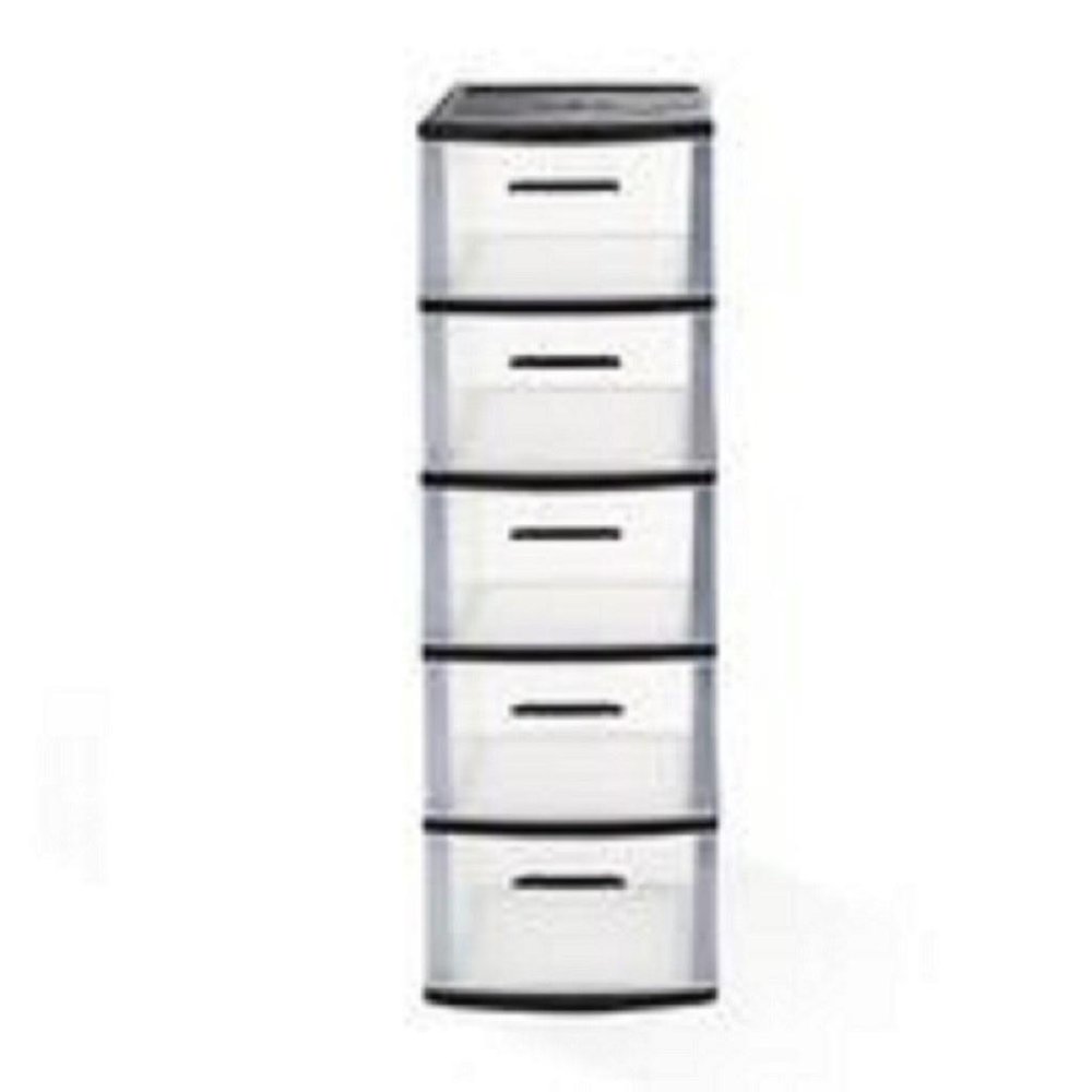 13" Black And Clear Heavy Duty Plastic Five Drawer Storage Cabinet