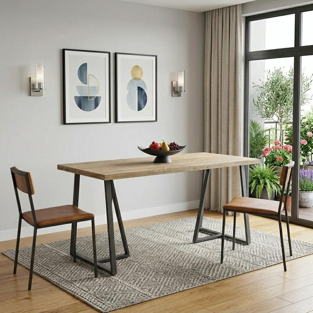 60" Brown And Black Wood And Steel Frame Base Dining Table