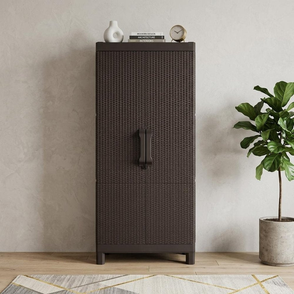 26" Espresso Plastic Square Inlaid Rattan Accent Cabinet With Two Doors