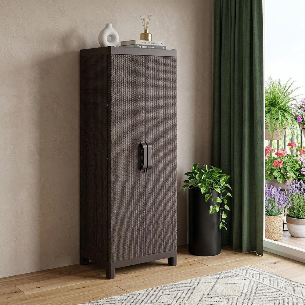 26" Espresso Plastic Square Inlaid Rattan Accent Cabinet With Two Doors