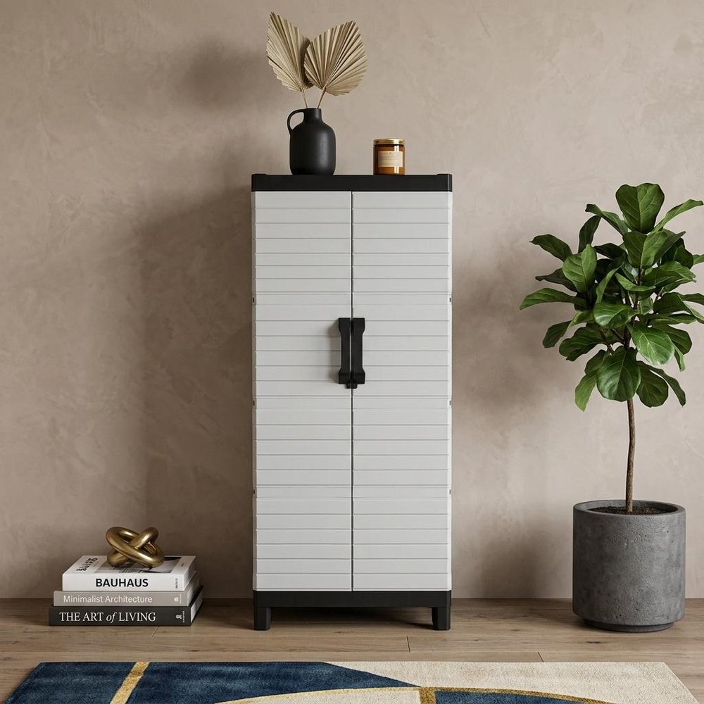 26" Gray Plastic Square Paneled Accent Cabinet With Two Doors