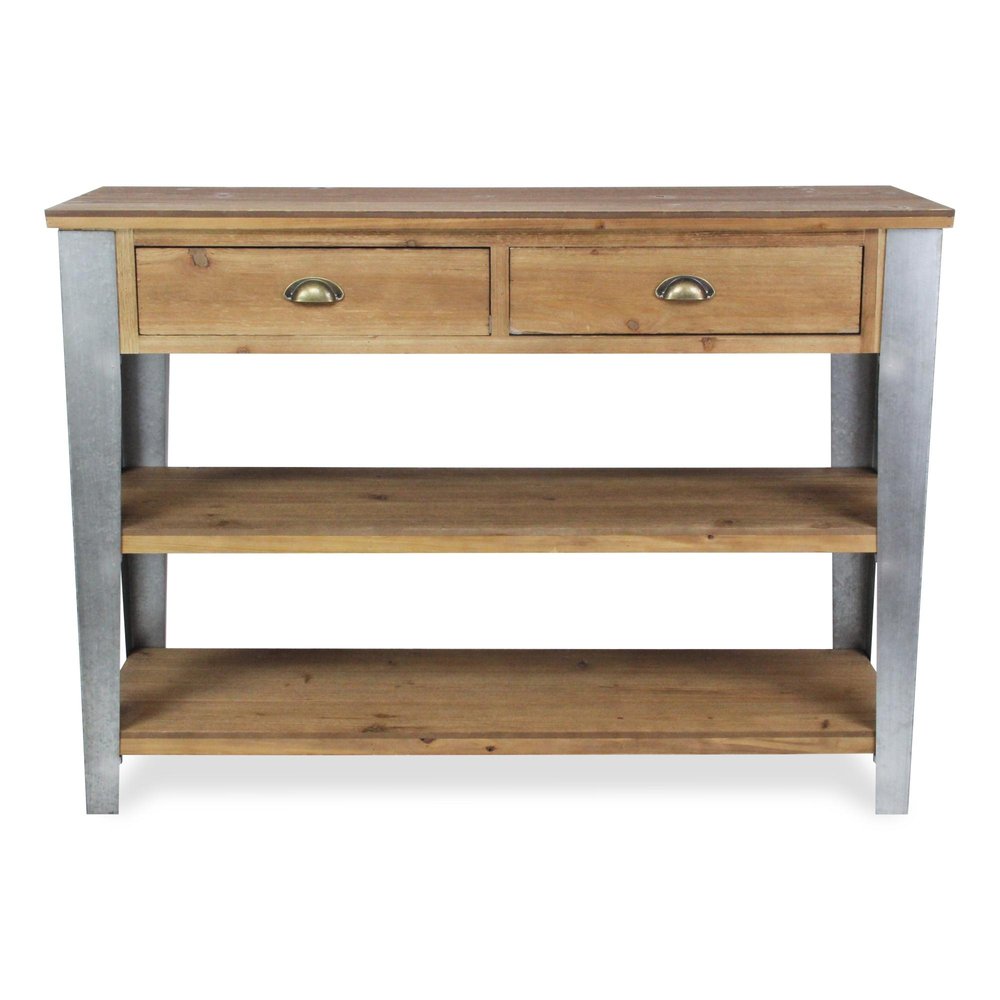 48" Natural and Gray Wood Console Table With Two Shelves And Two Drawers