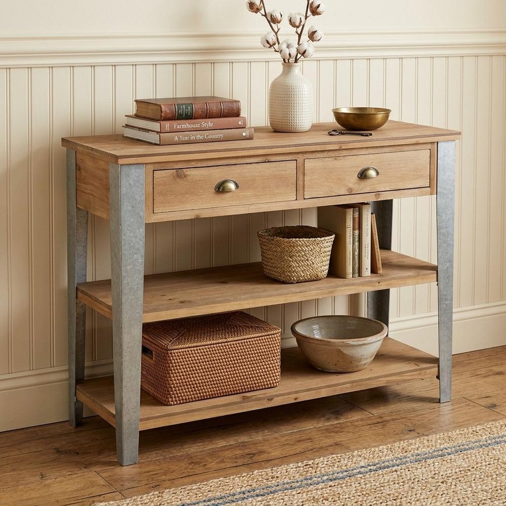 48" Natural and Gray Wood Console Table With Two Shelves And Two Drawers