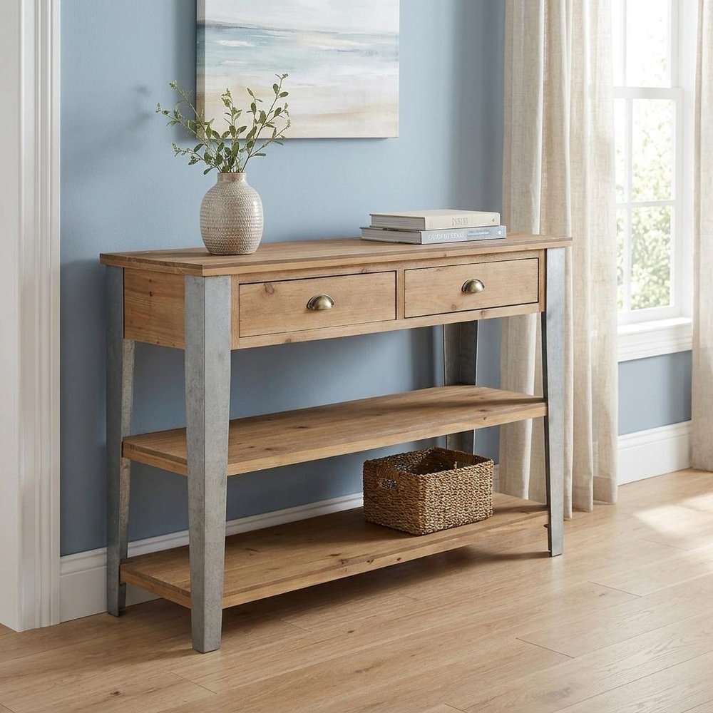 48" Natural and Gray Wood Console Table With Two Shelves And Two Drawers