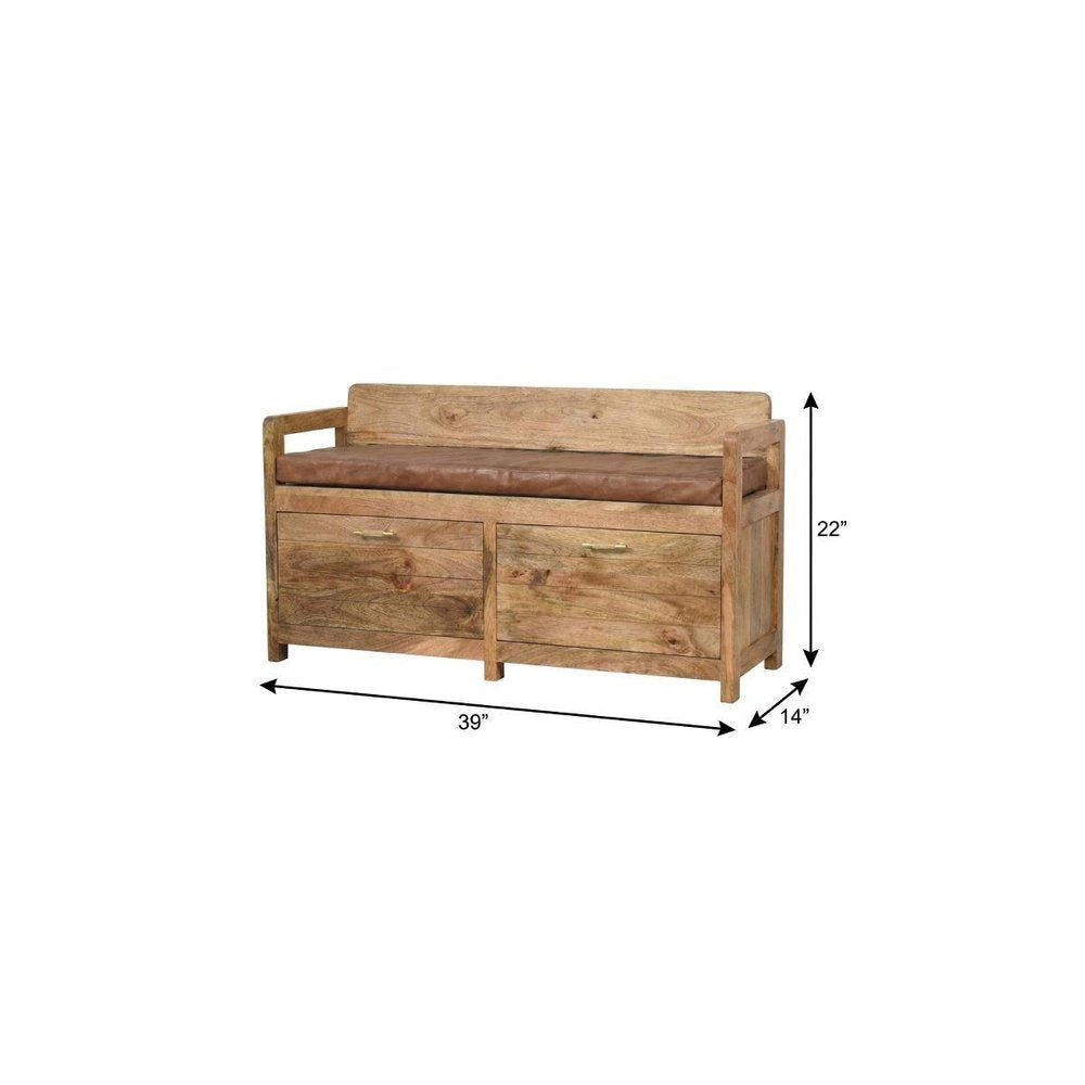 39" Brown and Oak Genuine Leather and Solid Wood Upholstered Storage Bench With Drawers
