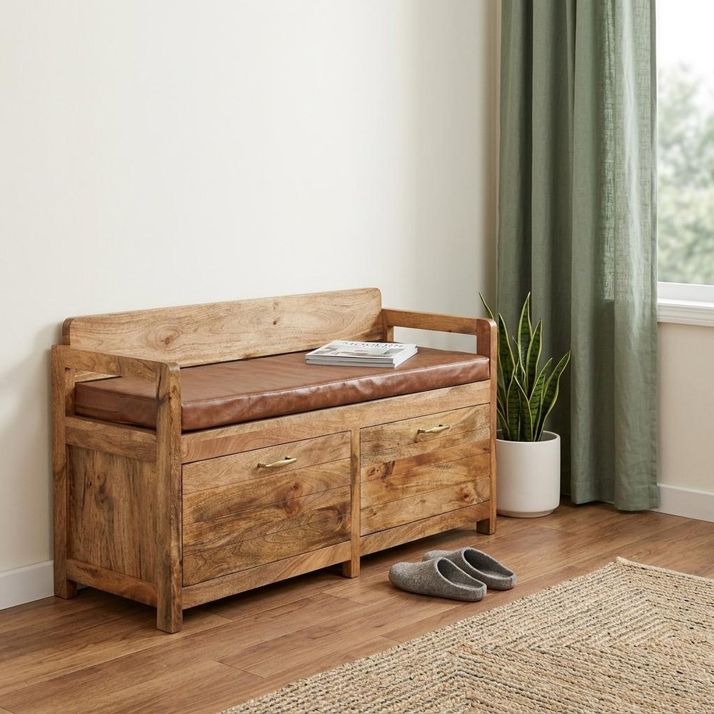 39" Brown and Oak Genuine Leather and Solid Wood Upholstered Storage Bench With Drawers