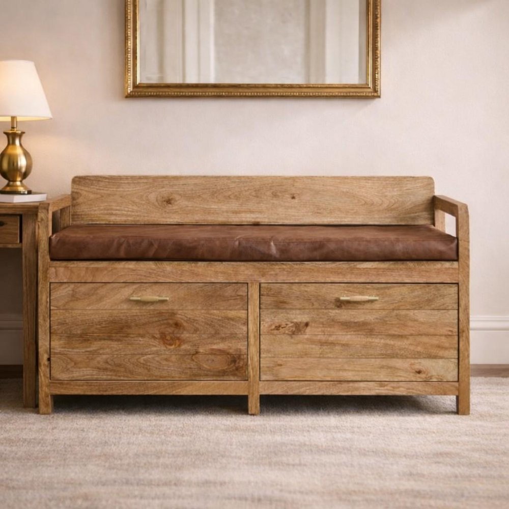 39" Brown and Oak Genuine Leather and Solid Wood Upholstered Storage Bench With Drawers