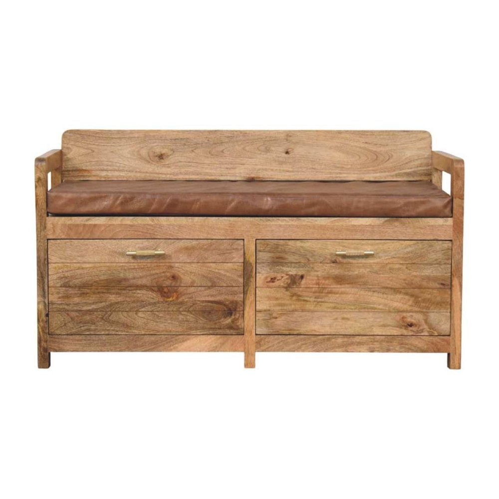 39" Brown and Oak Genuine Leather and Solid Wood Upholstered Storage Bench With Drawers