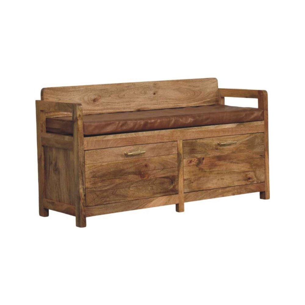 39" Brown and Oak Genuine Leather and Solid Wood Upholstered Storage Bench With Drawers