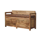 39" Brown and Oak Genuine Leather and Solid Wood Upholstered Storage Bench With Drawers