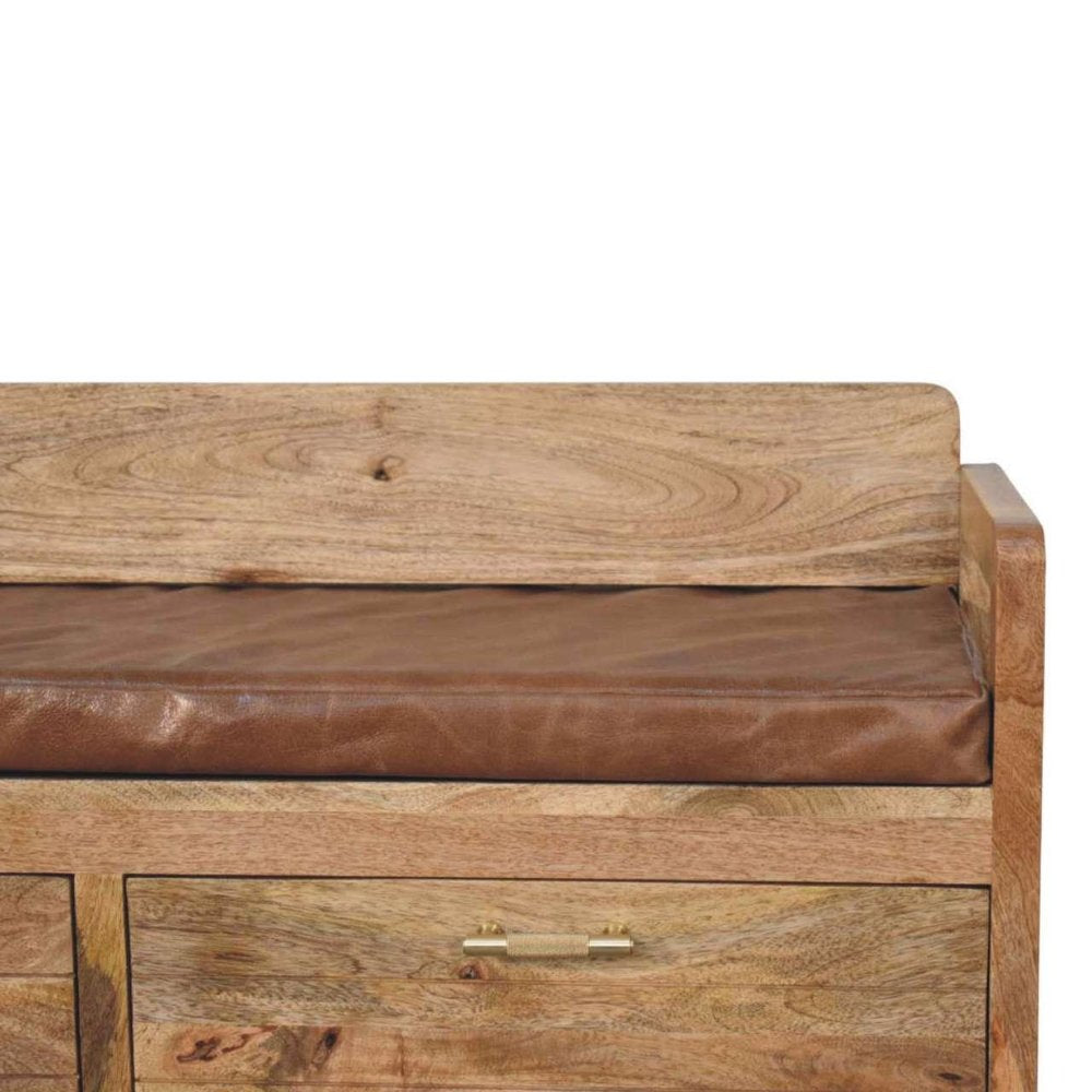 39" Brown and Oak Genuine Leather and Solid Wood Upholstered Storage Bench With Drawers
